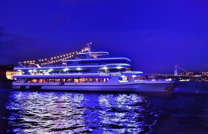 Bosphorus dinner cruise boat lit up at night, Istanbul