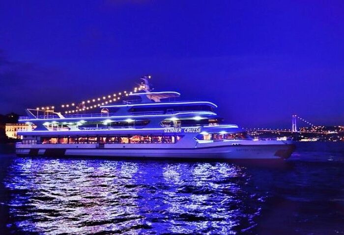 Bosphorus dinner cruise boat lit up at night, Istanbul